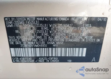 2010 Toyota Rav4 from USA, damaged, VIN 2T3BF4DV1AW048950